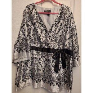 Lane Bryant 26/28 Black Grey Paisley Satin Ruffle Sleeves Beaded V Neck Pullover